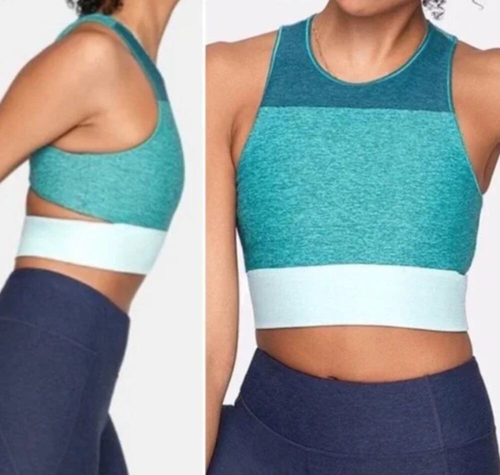 Outdoor Voices Colorblock Slashback Crop Top XS Teal Sports Bra Athletic Worhout